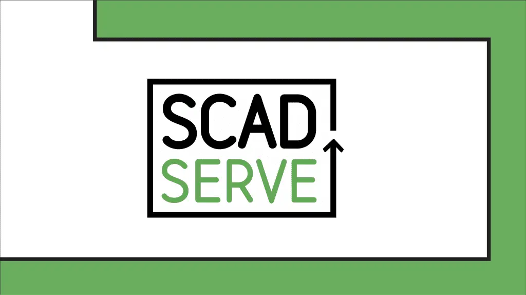 Logo with the words SCAD SERVE in black and green, framed by a black box with an upward arrow, highlights mural donation.
